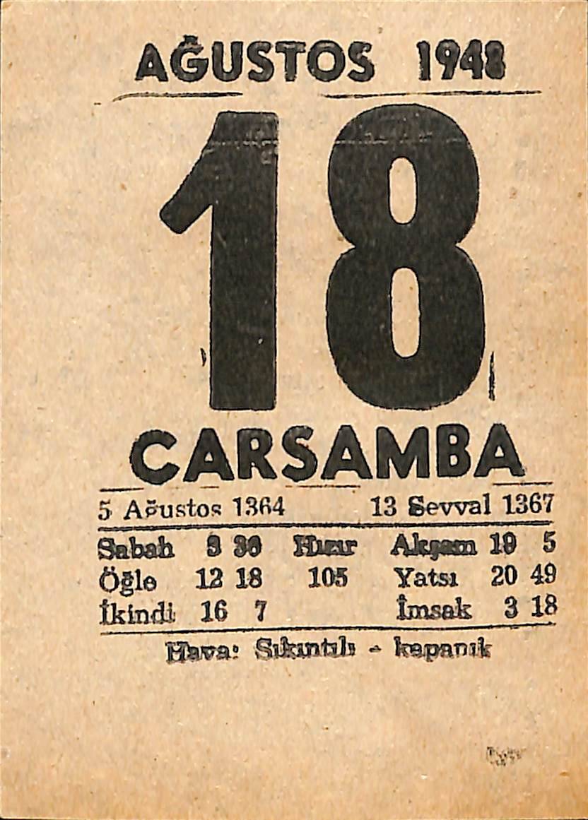 18 Ağustos 1948 Takvim Yaprağı - Doğum Günü Hediyesi EFMN14420 - 1