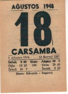 18 Ağustos 1948 Takvim Yaprağı EFM(N)1464 - 2