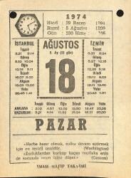 18 Ağustos 1974 Takvim Yaprağı - Doğum Günü Hediyesi EFM(N)12199 - Gökçekoleksiyon