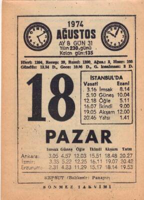 18 Ağustos 1974 Takvim Yaprağı EFM(N)2414 - 3