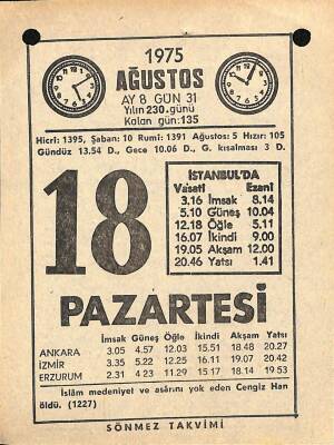 18 Ağustos 1975 Takvim Yaprağı - Doğum Günü Hediyesi EFM(N)9654 - 2