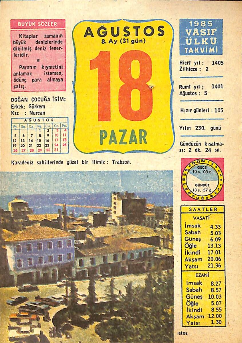 18 Ağustos 1985 Takvim Yaprağı - Doğum Günü Hediyesi EFMN13983 - 1