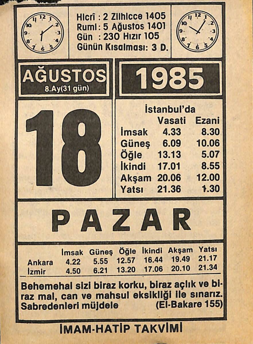 18 Ağustos 1985 Takvim Yaprağı - Doğum Günü Hediyesi EFMN15695 - 1