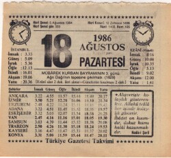 18 Ağustos 1986 Takvim Yaprağı EFM(N)2418 - 1