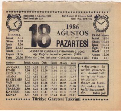 18 Ağustos 1986 Takvim Yaprağı EFM(N)2418 - 1