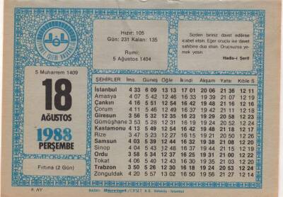 18 Ağustos 1988 Takvim Yaprağı EFM(N)2419 - 3