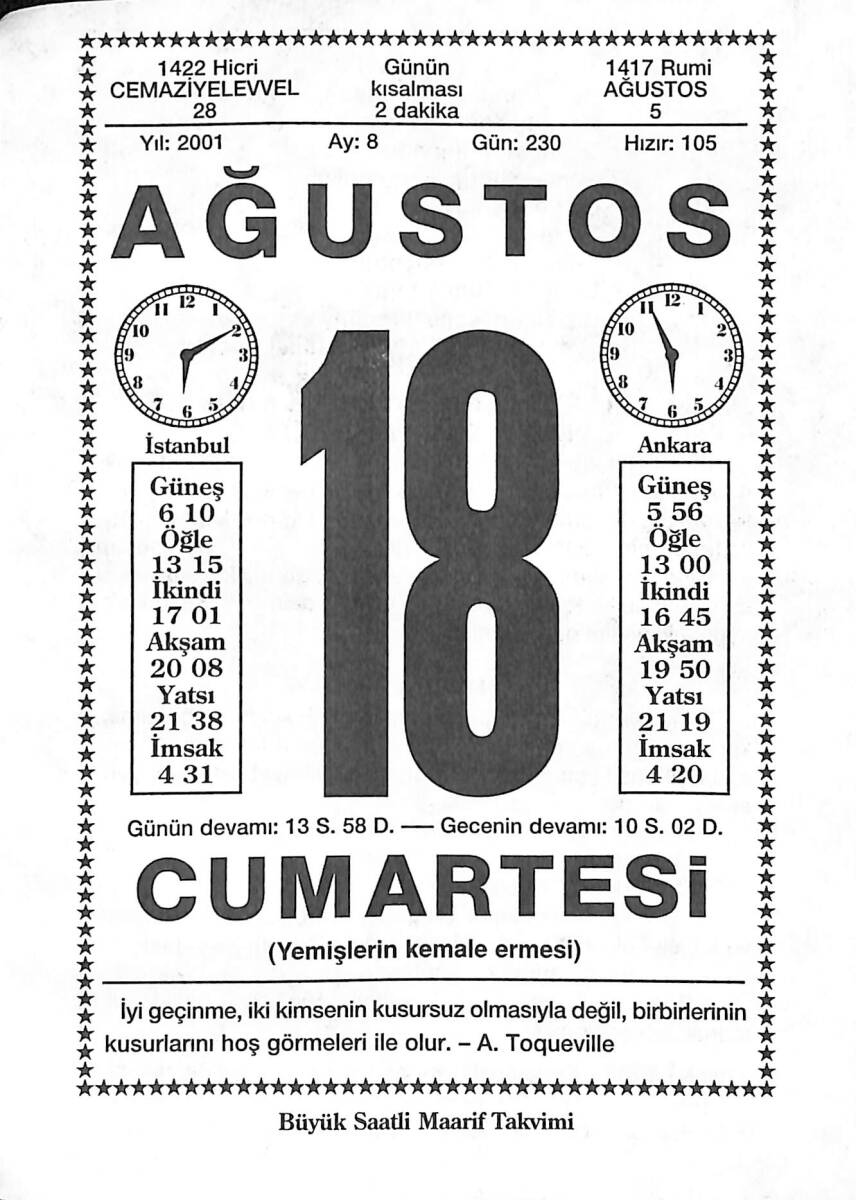 18 Ağustos 2001 Takvim Yaprağı - Doğum Günü Hediyesi EFMN14212 - 1