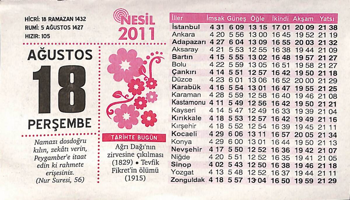 18 Ağustos 2011 Takvim Yaprağı - Doğum Günü Hediyesi EFMN14333 - 1
