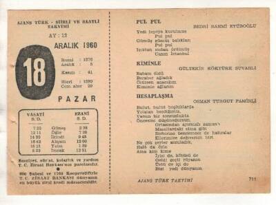 18 Aralık 1960 Ajans Türk Takvim Yaprağı (Şiirli Saatli) EFM(N) 1814 - 3