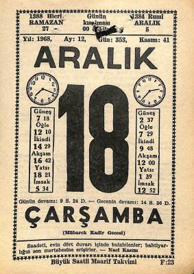 18 Aralık 1968 Takvim Yaprağı - Doğum Günü Hediyesi EFM(N)11058 - 1