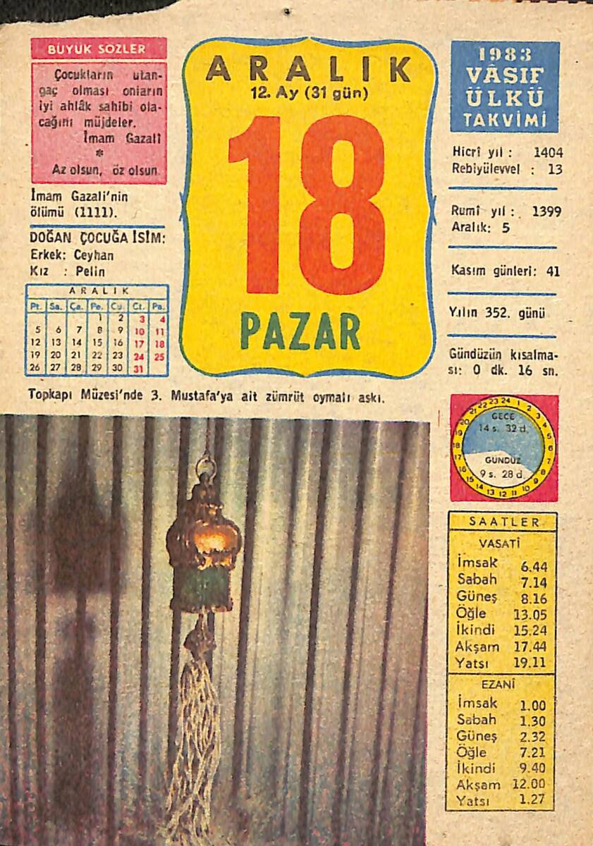 18 Aralık 1983 Takvim Yaprağı - Doğum Günü Hediyesi EFMN13704 - 1