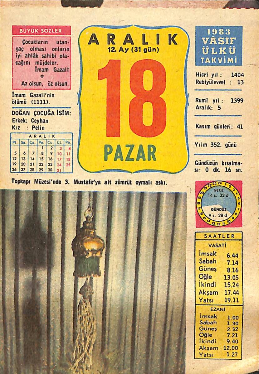 18 Aralık 1983 Takvim Yaprağı - Doğum Günü Hediyesi EFMN14677 - 1