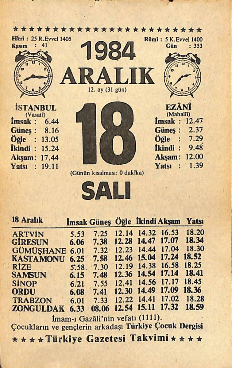 18 Aralık 1984 Takvim Yaprağı - Doğum Günü Hediyesi EFMN14506 - 1