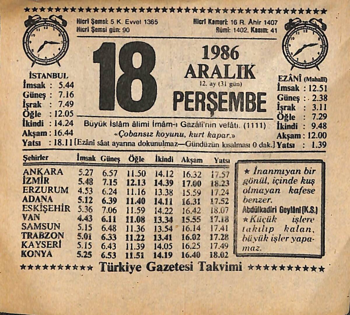 18 Aralık 1986 Takvim Yaprağı - Doğum Günü Hediyesi EFMN14855 - 1