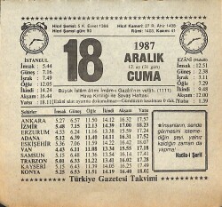 18 Aralık 1987 Takvim Yaprağı - Doğum Günü Hediyesi EFMN14993 - Gökçekoleksiyon