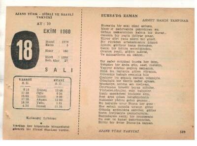 18 Ekim 1960 Ajans Türk Takvim Yaprağı (Şiirli Saatli) EFM(N) 1755 - 2