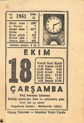 18 Ekim 1961 Takvim Yaprağı - Doğum Günü Hediyesi EFM(N)11186 - 1
