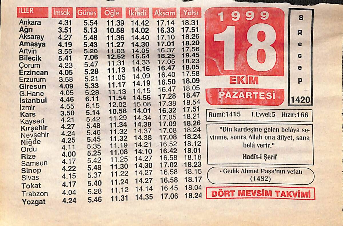 18 Ekim 1999 Takvim Yaprağı - Doğum Günü Hediyesi EFMN14069 - 1