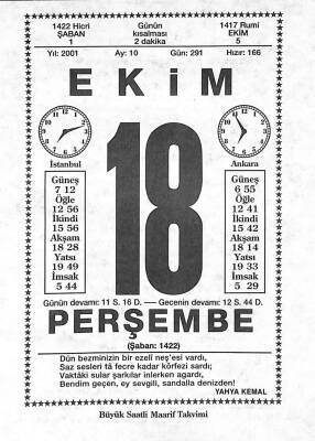 18 Ekim 2001 Takvim Yaprağı - Doğum Günü Hediyesi EFM(N)10485 - 2