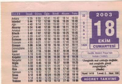 18 Ekim 2003 Takvim Yaprağı EFM(N)3720 - 3