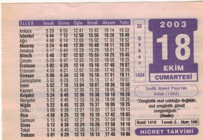 18 Ekim 2003 Takvim Yaprağı EFM(N)3720 - 1