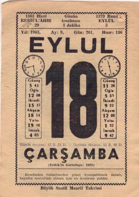 18 Eylül 1963 Takvim Yaprağı EFM(N)3629 - 3