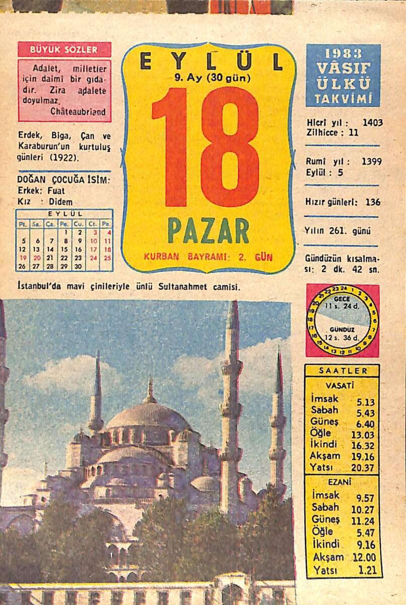 18 Eylül 1983 Takvim Yaprağı - Doğum Günü Hediyesi EFMN15904 - 1