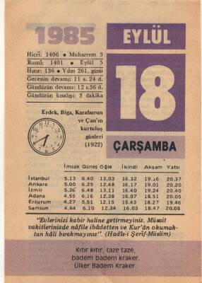 18 Eylül 1985 Takvim Yaprağı EFM(N)2822 - 3