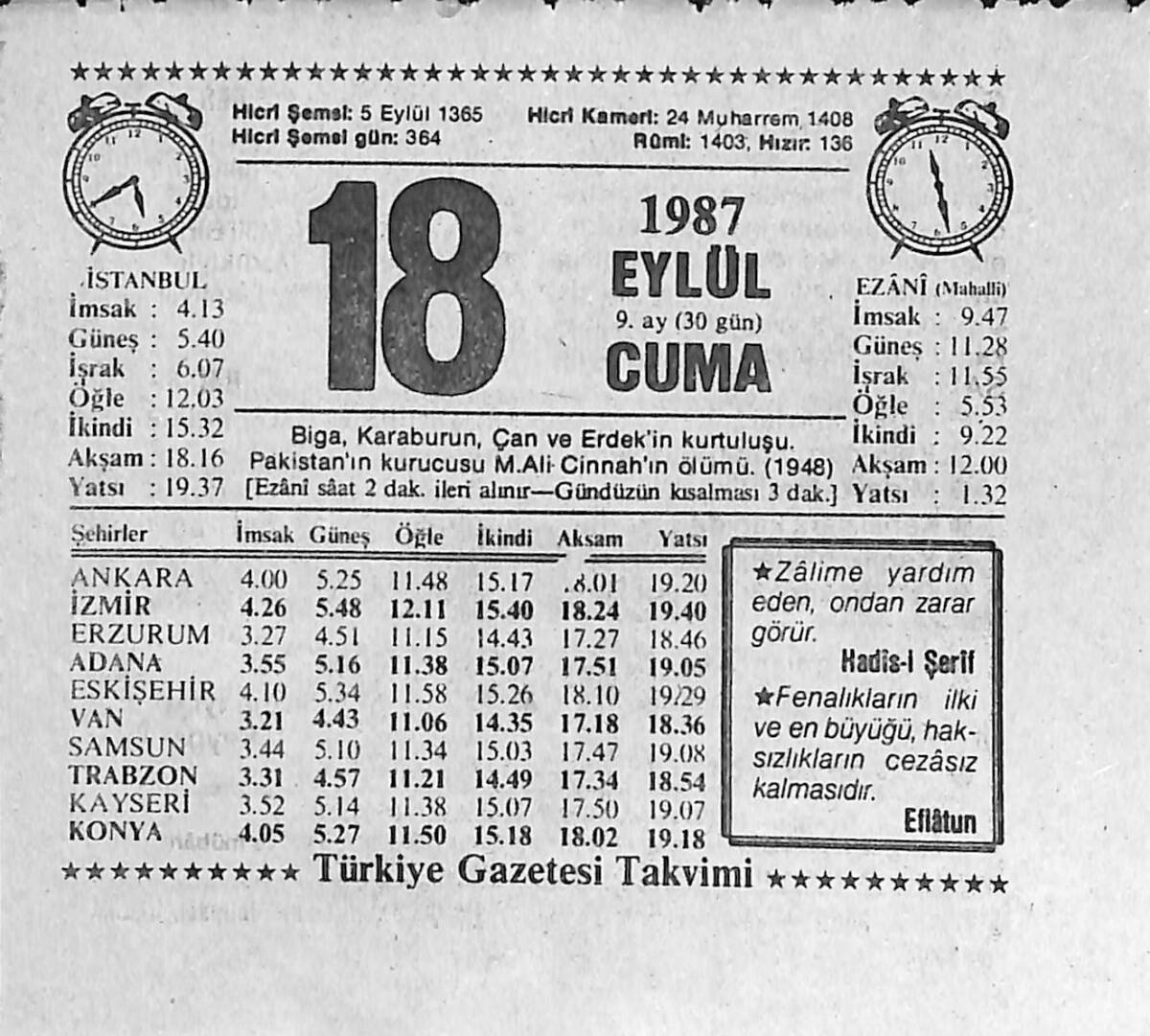 18 Eylül 1987 Takvim Yaprağı - Doğum Günü Hediyesi EFMN13953 - 1