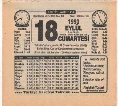 18 Eylül 1993 Takvim Yaprağı EFM(N)2890 - 3