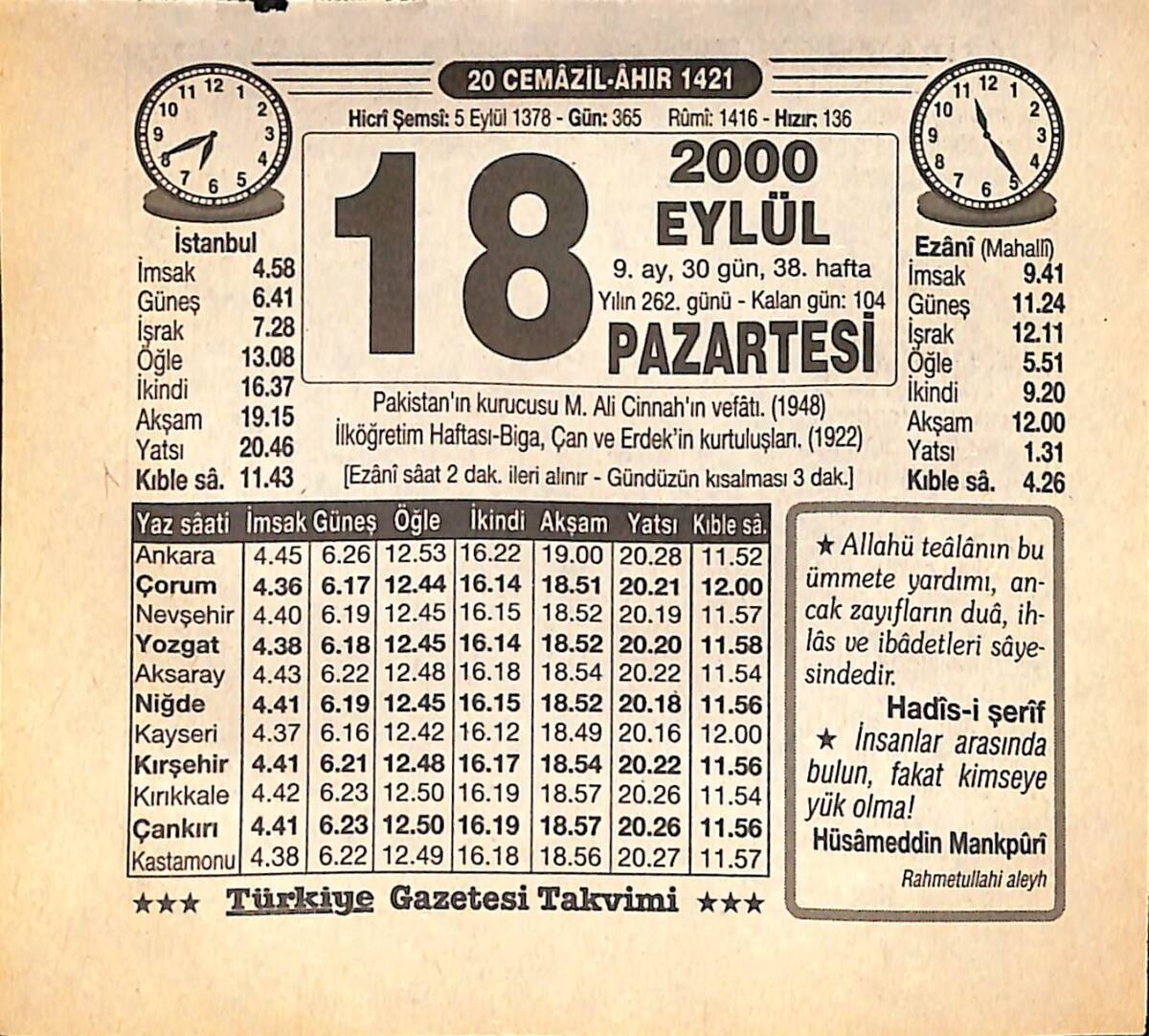 18 Eylül 2000 Takvim Yaprağı - Doğum Günü Hediyesi EFMN14242 - 1