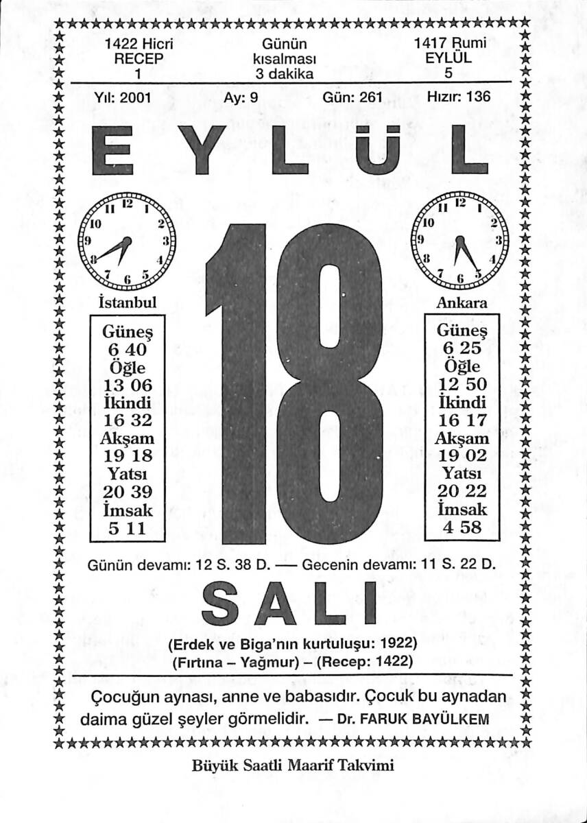 18 Eylül 2001 Takvim Yaprağı - Doğum Günü Hediyesi EFMN14181 - 1