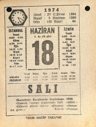 18 Haziran 1974 Takvim Yaprağı - Doğum Günü Hediyesi EFM(N)11957 - Gökçekoleksiyon