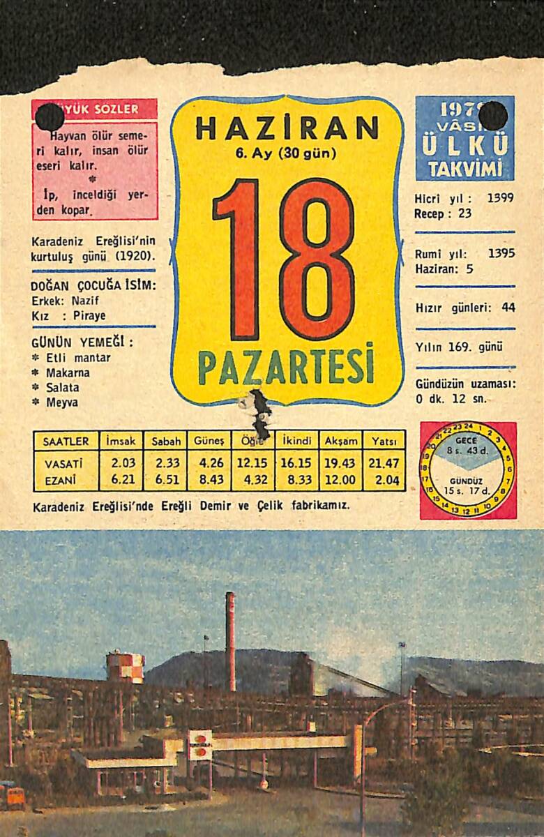 18 Haziran 1979 Takvim Yaprağı - Doğum Günü Hediyesi EFMN13728 - 1