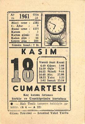 18 Kasım 1961 Takvim Yaprağı - Doğum Günü Hediyesi EFM(N)11236 - 1