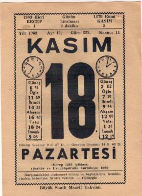18 Kasım 1963 Takvim Yaprağı EFM(N)3691 - 3
