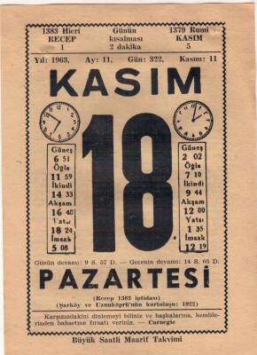 18 Kasım 1963 Takvim Yaprağı EFM(N)3691 - 1
