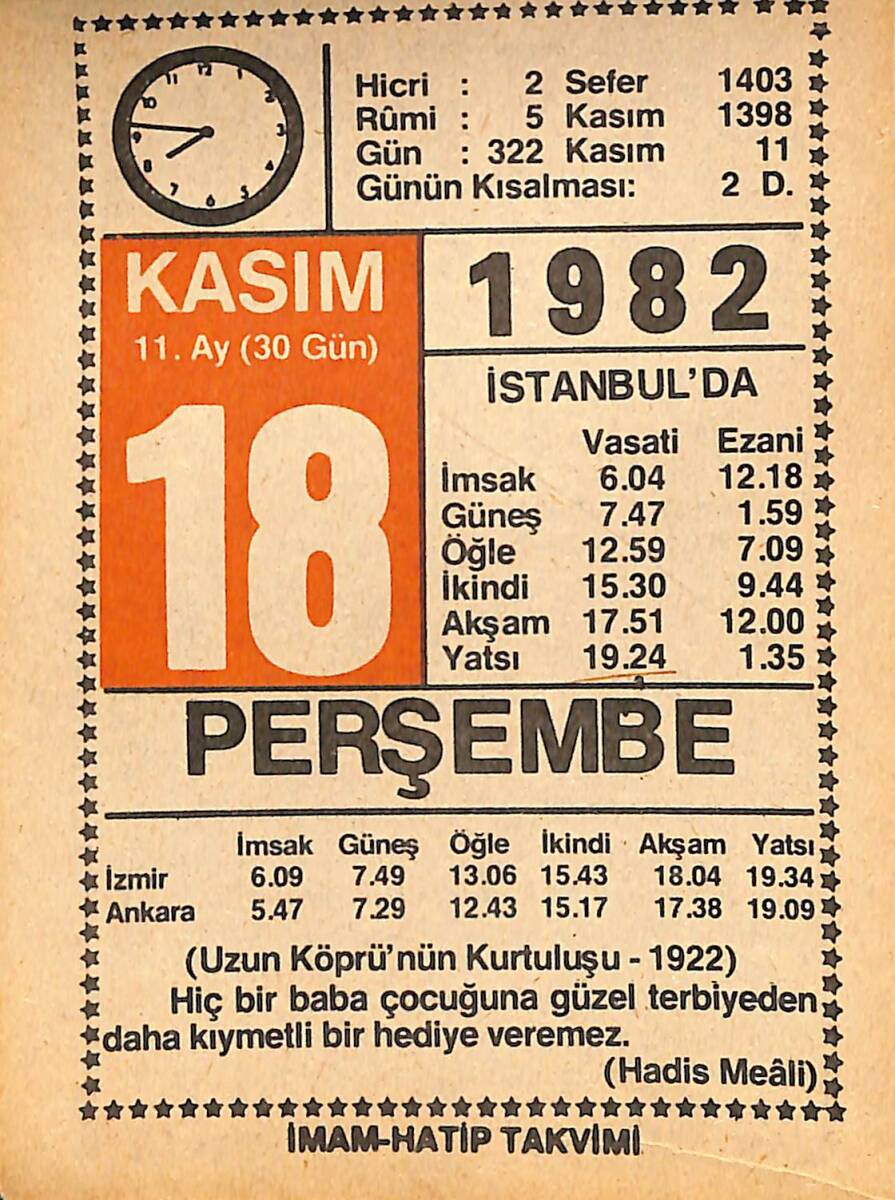 18 Kasım 1982 Takvim Yaprağı - Doğum Günü Hediyesi EFMN15973 - 1