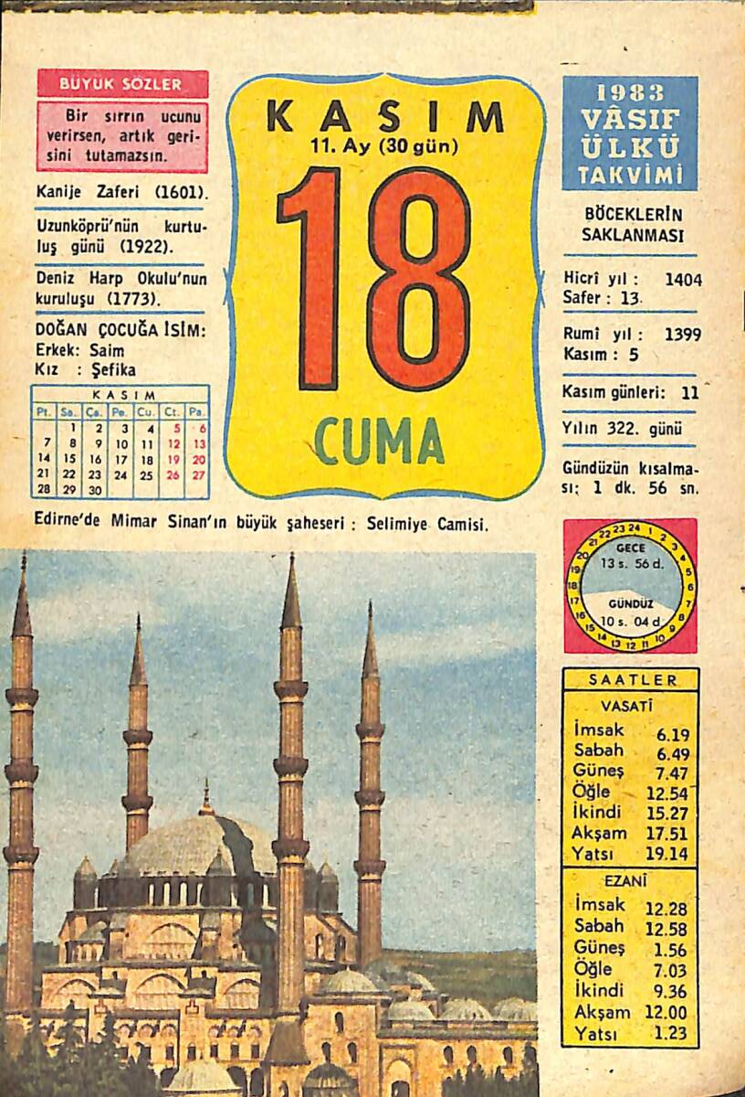 18 Kasım 1983 Takvim Yaprağı - Doğum Günü Hediyesi EFMN14705 - 1