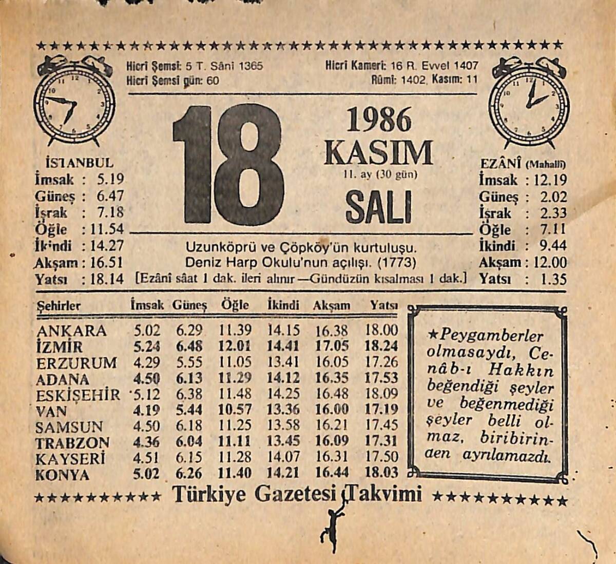 18 Kasım 1986 Takvim Yaprağı - Doğum Günü Hediyesi EFMN14884 - 1
