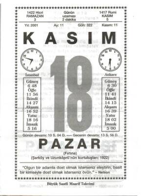 18 Kasım 2001 Takvim Yaprağı Doğum Günü Hediyesi EFM(N)4014 - 3