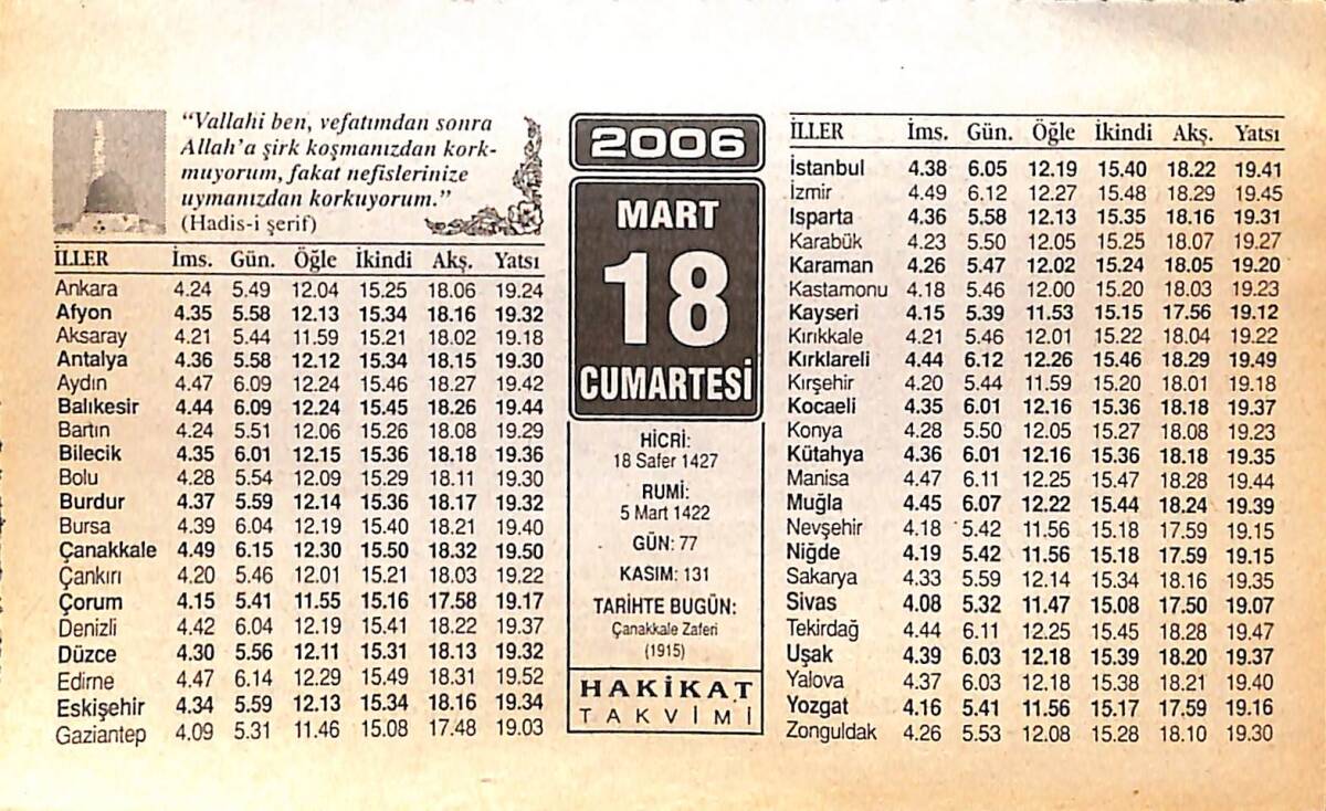 18 Mart 2006 Takvim Yaprağı - Doğum Günü Hediyesi EFMN13234 - 1