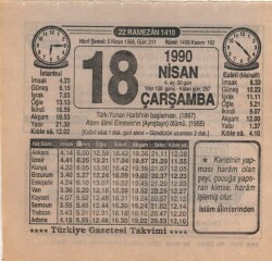 18 Nisan 1990 Takvim Yaprağı EFM(N)6171 - Gökçekoleksiyon