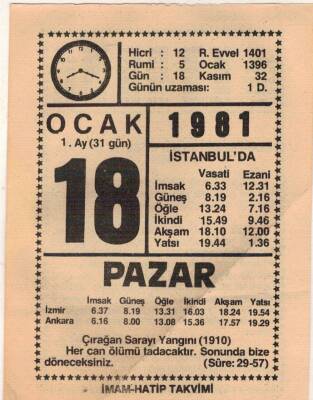 18 Ocak 1981 Takvim Yaprağı EFM(N)4664 - 1