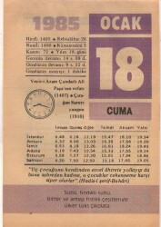 18 Ocak 1985 Takvim Yaprağı EFM(N)4788 - Gökçekoleksiyon