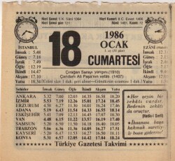 18 Ocak 1986 Takvim Yaprağı EFM(N)5036 - Gökçekoleksiyon