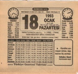 18 Ocak 1993 Takvim Yaprağı EFM(N)4850 - Gökçekoleksiyon
