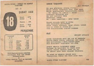 18 Şubat 1960 Ajans Türk Takvim Yaprağı (Şiirli Saatli) EFM(N)1516 - 4