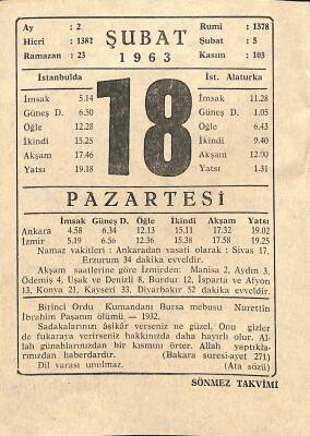 18 Şubat 1963 Takvim Yaprağı - Doğum Günü Hediyesi EFM(N)11505 - 1
