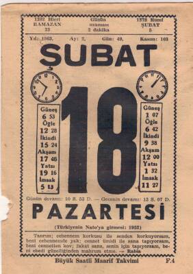 18 Şubat 1963 Takvim Yaprağı EFM(N)5702 - 3
